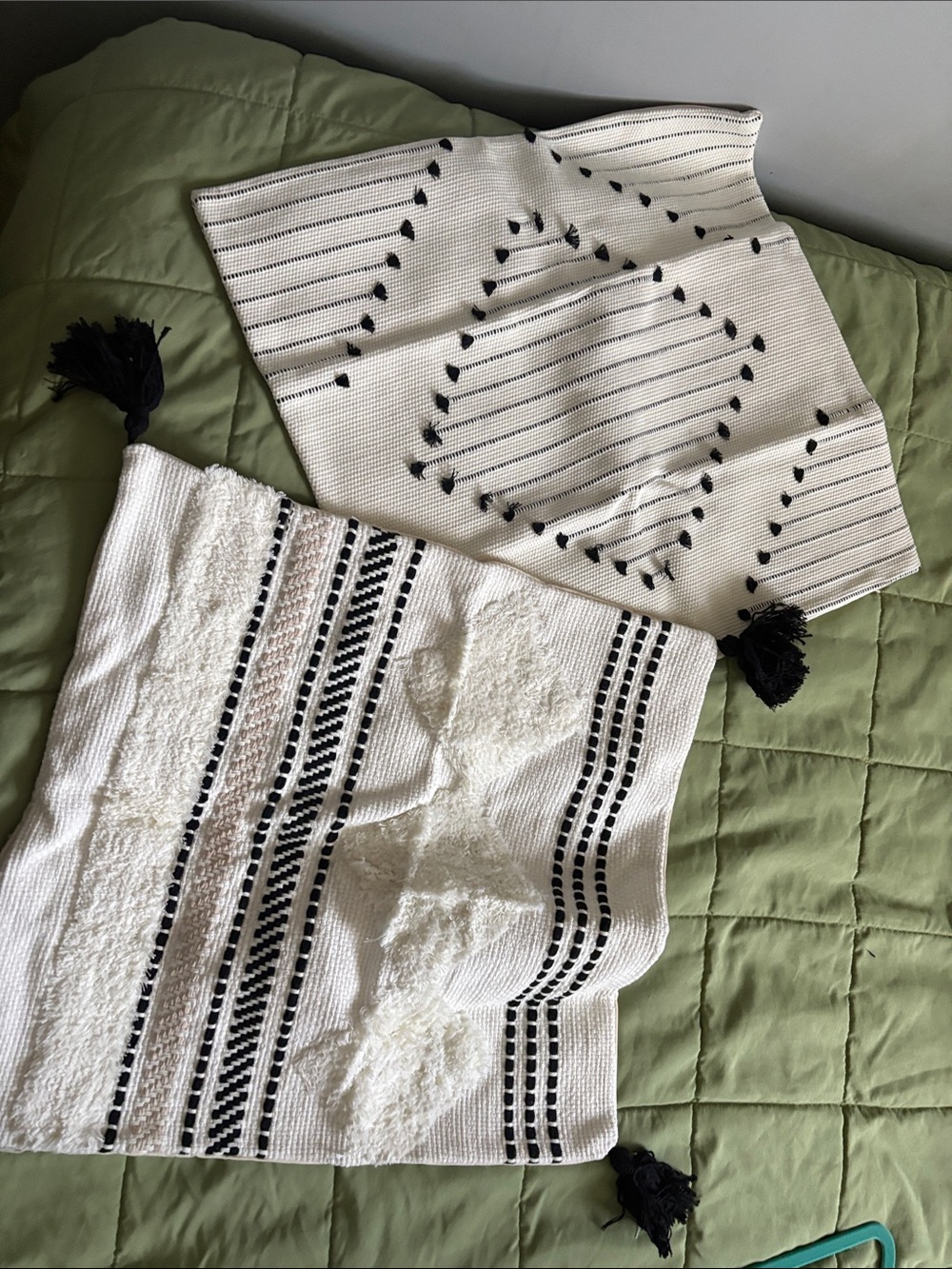 White Boho Throw Pillow Covers with Black Embroidery and Tassels